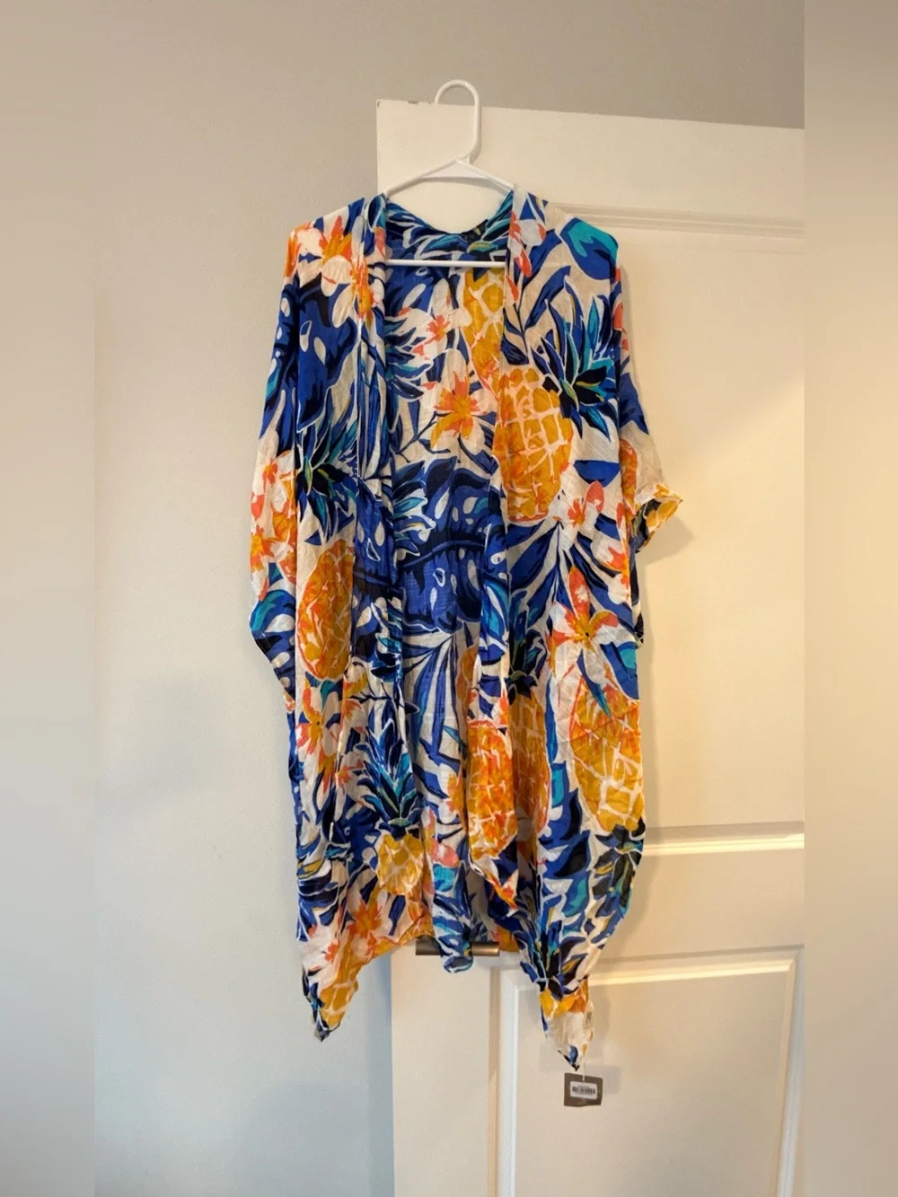 Tropical Pineapple Print Kimono Cover-Up - Blue & Yellow